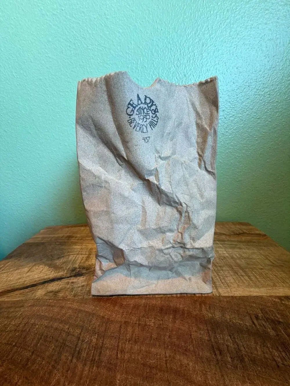 Geary's Beverly Hills Vintage Trompe L'oeil Ceramic Brown Paper Bag Vase
